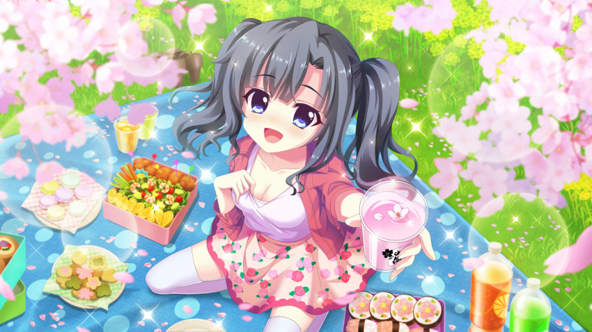 1girl bento black_footwear black_hair blanket blue_eyes bottle breasts cherry_blossoms cleavage clothes_pull collarbone cup dot_nose film_grain floral_print food food_request from_above game_cg grass hanami high_heels holding holding_cup itsumura_yukari izumi_tsubasu jacket lens_flare looking_at_viewer macaron medium_breasts non-web_source official_art open_mouth outdoors paper_plate picnic pink_jacket plastic_bottle plate print_skirt re:stage! rose_print shirt shirt_pull shoes shoes_removed sitting skirt smile solo sparkle sushi swept_bangs thighhighs two_side_up wariza white_shirt white_thighhighs yellow_skirt