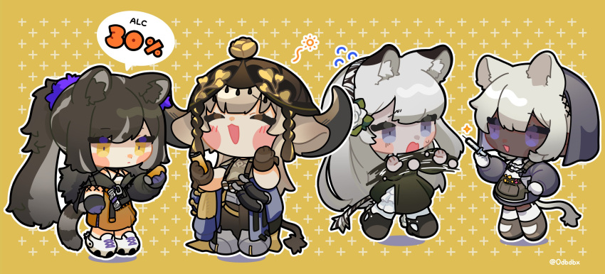 4girls ^_^ absurdres alcohol animal_ears arknights black_dress black_gloves black_headwear black_pants blush_stickers brown_hair can chibi closed_eyes cow_ears cow_tail daba_(0dbdbx) dark-skinned_female dark_skin dress garter_straps gloves grey_footwear happy hat heavyrain_(arknights) heavyrain_(tranquil_moss)_(arknights) highres holding holding_can holding_syringe long_hair multiple_girls nervous_sweating no_(gesture) official_alternate_costume open_mouth orange_dress pallas_(arknights) pallas_(heritage)_(arknights) pants pantyhose ponytail purple_eyes raccoon_ears raccoon_girl raccoon_tail robin_(arknights) robin_(gift_of_wild)_(arknights) shoes simple_background sweat syringe tail thighhighs tuye_(arknights) tuye_(cultivate_vegetation)_(arknights) twitter_username very_long_hair white_footwear white_gloves white_hair white_pantyhose white_thighhighs yellow_background yellow_eyes