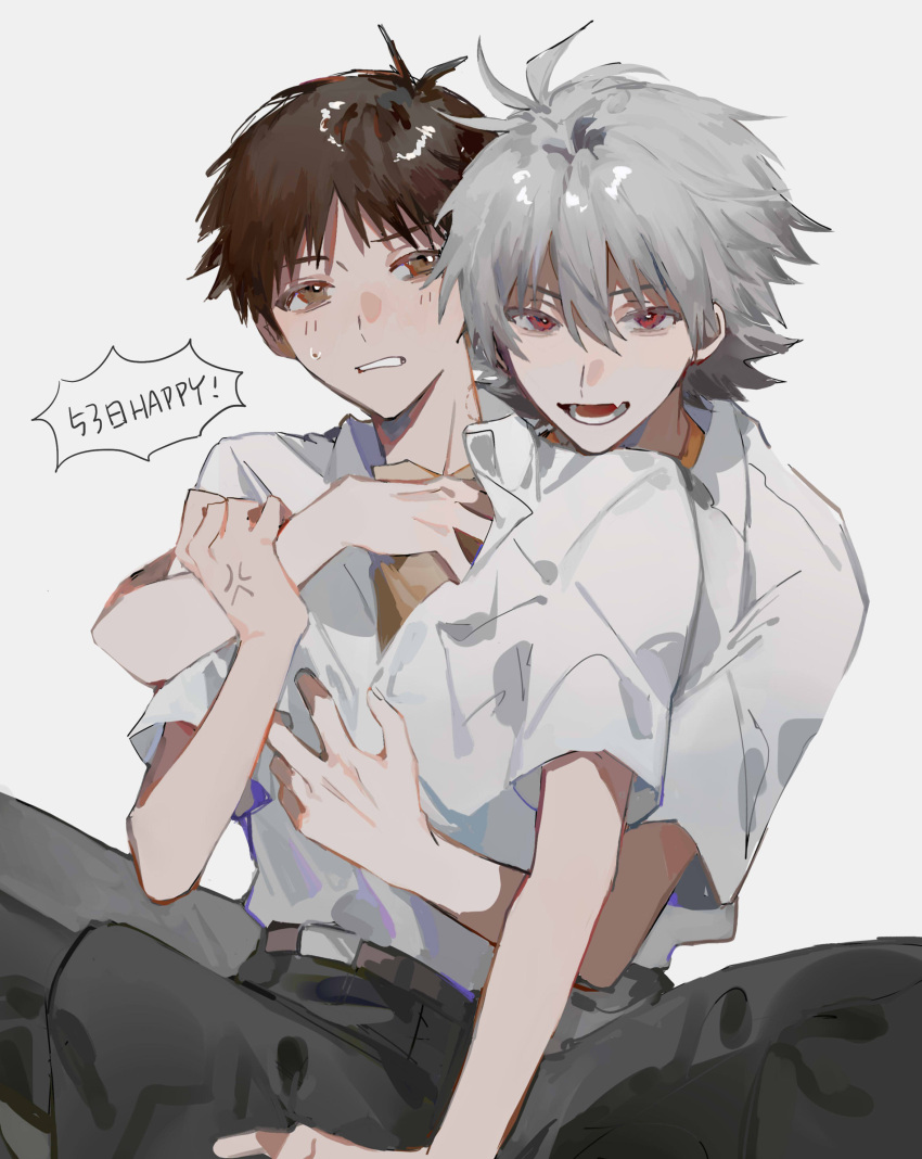 2boys absurdres belt black_pants brown_eyes brown_hair collared_shirt highres hug hug_from_behind ikari_shinji light_smile male_focus mogutofuoes multiple_boys nagisa_kaworu neon_genesis_evangelion open_mouth pants red_eyes shirt simple_background veins veiny_hands white_background white_hair white_shirt yaoi