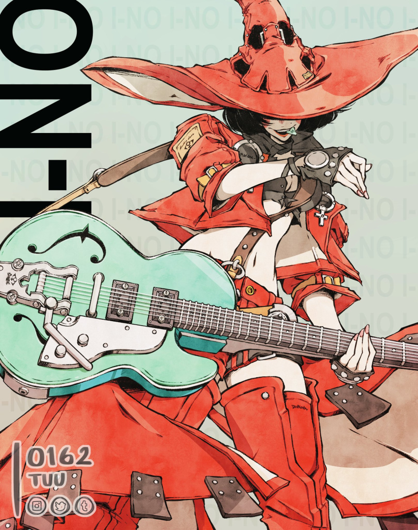 0162_tuu 1girl black_gloves black_hair boots breasts cleavage electric_guitar fingerless_gloves gloves guilty_gear guilty_gear_strive guitar hat highres i-no instrument long_sleeves mole mole_above_mouth navel pink_nails red_footwear red_headwear red_leather red_lips short_hair smile thigh_boots venus_symbol witch_hat