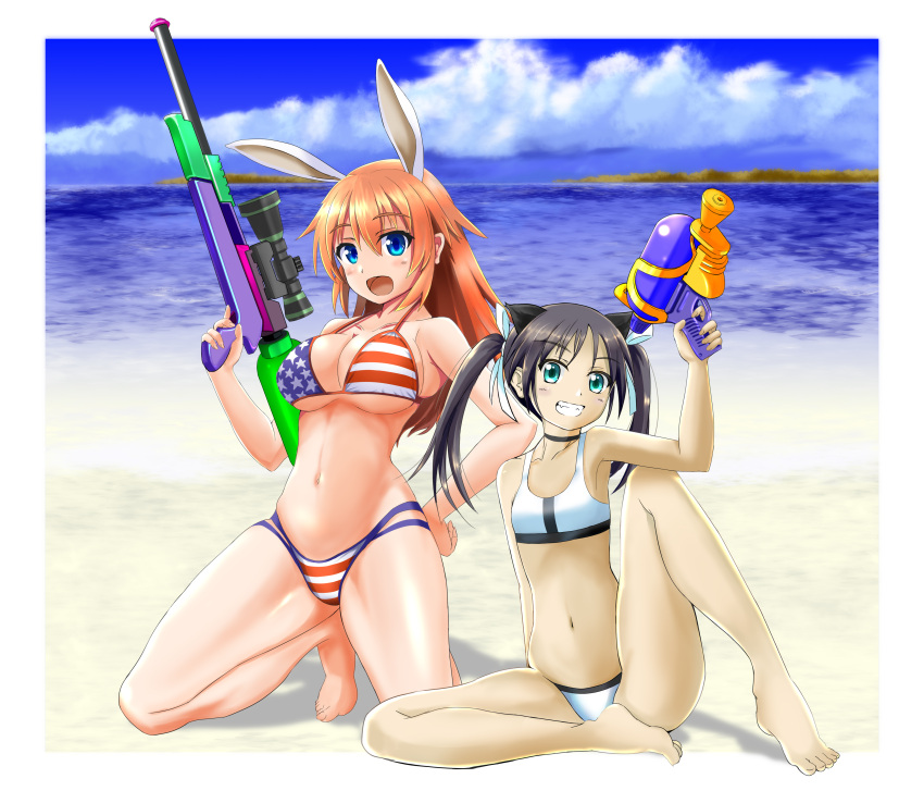 2girls absurdres american_flag_bikini animal_ears bikini black_hair blue_eyes blush breasts cat_ears cat_girl charlotte_e._yeager cleavage collarbone flag_print full_body green_eyes grin hand_on_own_hip highres large_breasts long_hair looking_at_viewer multiple_girls ocean open_mouth orange_hair outdoors rabbit_ears rabbit_girl red_liquid_(artist) sky small_breasts smile strike_witches swimsuit twintails water_gun white_bikini world_witches_series