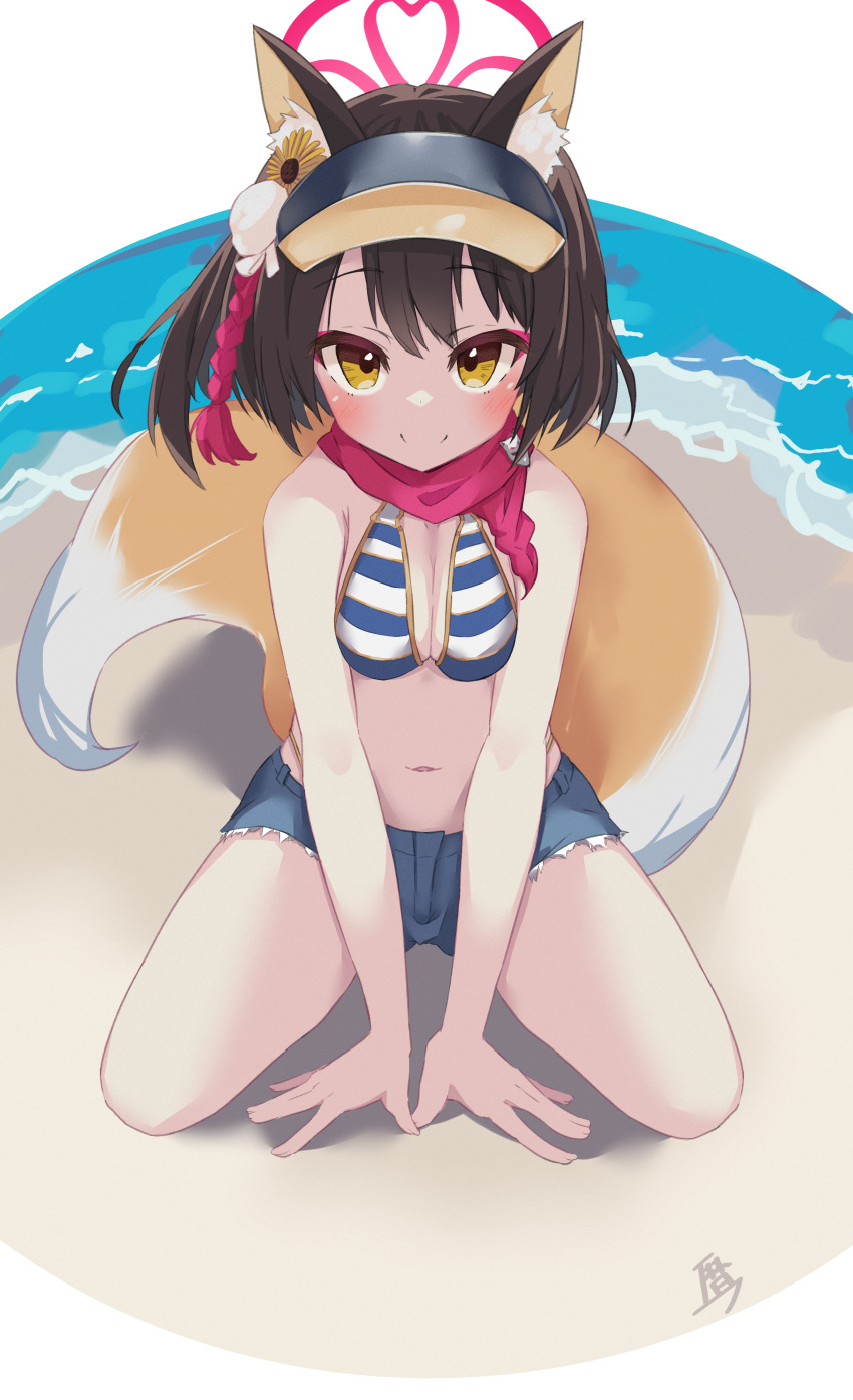 1girl absurdres animal_ear_fluff animal_ears arms_between_legs bare_arms bare_shoulders beach between_legs bikini blue_archive blue_shorts blush braid breasts breasts_squeezed_together brown_hair cleavage closed_mouth day denim denim_shorts flower fluffy fox_ears fox_tail full_body genjou92 hair_between_eyes hair_flower hair_ornament halo hand_between_legs highres izuna_(blue_archive) kneeling large_tail legs_apart looking_at_viewer medium_breasts navel one_side_up outdoors red_halo red_scarf scarf short_hair shorts smile solo straight-on striped striped_bikini sunflower swimsuit tail visor_cap yellow_eyes