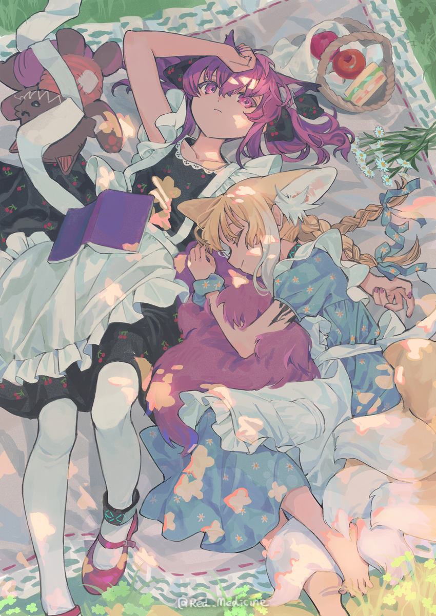 2girls alternate_costume animal_ear_fluff animal_ears ankleband apple apron arknights artist_name barefoot black_dress blonde_hair blue_dress blue_ribbon book braid cherry_print closed_eyes closed_mouth collar collarbone colored_tips commentary dress enmaided flower food food_print fox_ears fox_girl fox_tail frilled_apron frills fruit hair_between_eyes hair_ribbon highres hugging_another's_tail hugging_tail infection_monitor_(arknights) kitsune kyuubi long_hair lying maid maid_apron morte_(arknights) multicolored_hair multiple_girls multiple_tails on_back on_side outdoors pantyhose pink_eyes pink_footwear pink_hair print_dress puffy_short_sleeves puffy_sleeves red_medicine ribbon shamare_(arknights) short_hair short_sleeves stuffed_wolf suzuran_(arknights) symbol-only_commentary tail toes twin_braids twintails twitter_username two-tone_hair white_apron white_pantyhose