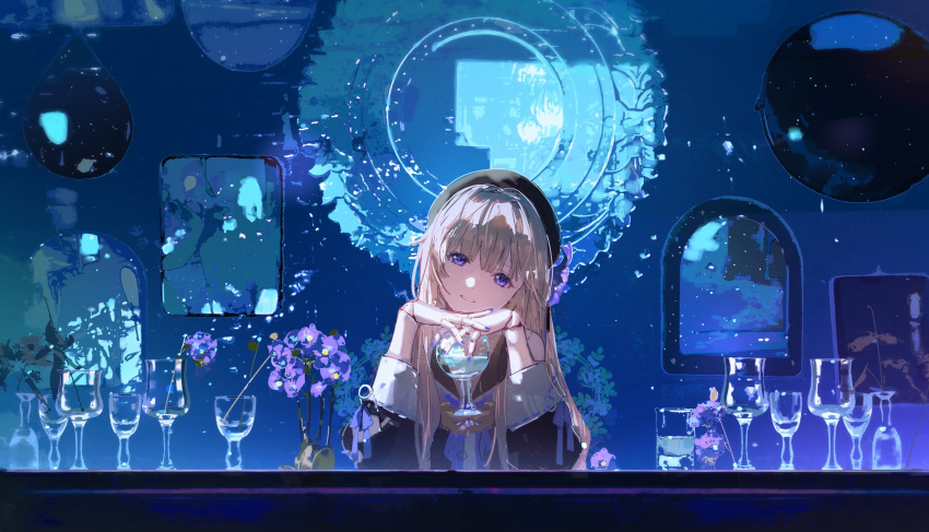 1girl absurdres black_headwear blonde_hair blue_nails cup doll_joints drinking_glass flower glassware head_tilt herta_(honkai:_star_rail) highres honkai:_star_rail honkai_(series) joints long_hair looking_at_viewer parted_lips purple_eyes sheya_tin simulate_your_universe_challenge solo window