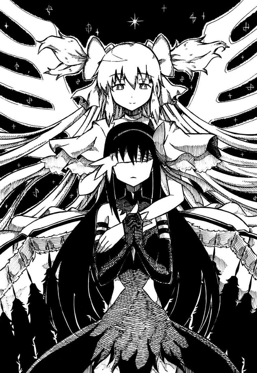 2girls akemi_homura akuma_homura bow clothing_cutout covering_another's_eyes detached_collar dress elbow_gloves feathered_wings frilled_dress frills gloves hair_bow harumayago highres kaname_madoka looking_at_another magical_girl mahou_shoujo_madoka_magica mahou_shoujo_madoka_magica:_hangyaku_no_monogatari monochrome multiple_girls own_hands_together short_twintails side_cutout sky standing star_(sky) starry_sky twintails ultimate_madoka wings