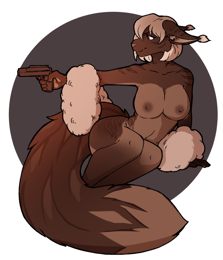 anthro blonde_hair breasts brown_body brown_fur domestic_cat ear_tuft felid feline felis female fur gun hair hi_res holding_gun holding_object holding_weapon hybrid lynx maine_coon mammal morgdl mostly_nude orange_eyes ranged_weapon saoirse_(allen_fuller) solo tuft weapon