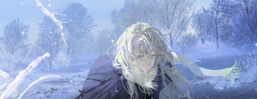 1girl black_coat blue_eyes bow cloud cloudy_sky coat cold hair_between_eyes hair_bow highres illumi999 long_hair looking_at_viewer open_mouth original scarf sky snow solo tree upper_body white_hair white_scarf