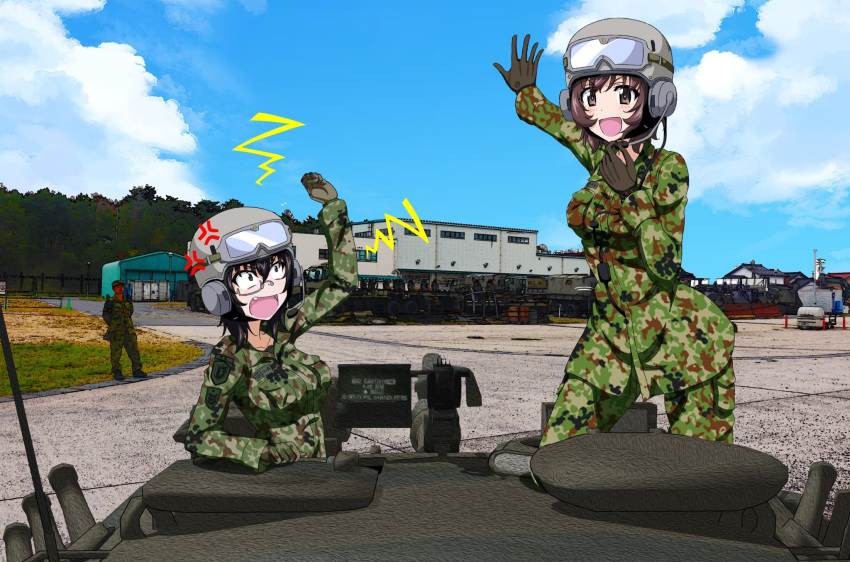 1boy 2girls akiyama_yukari angry black_hair blush breasts brown_eyes brown_gloves brown_hair camouflage camouflage_jacket camouflage_pants fang girls_und_panzer gloves helmet highres jacket kawashima_momo key_(gaigaigai123) large_breasts medium_breasts military_uniform military_vehicle monocle motor_vehicle multiple_girls open_mouth outdoors pants short_hair sky smile tank uniform