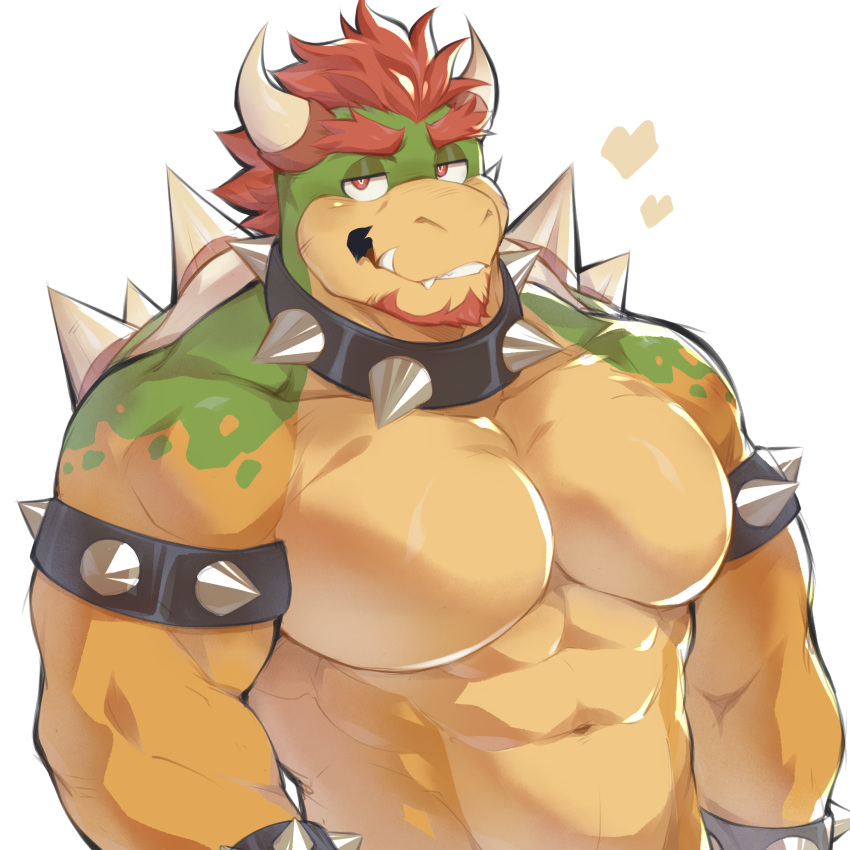 anthro bowser collar flunky hair hi_res horn male mario_bros muscular muscular_male nintendo orange_body red_eyes red_hair scalie shell simple_background smile solo spiked_collar spiked_shell spikes spikes_(anatomy)