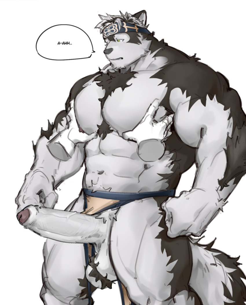 abs accessory anthro balls big_penis canid canine canis disembodied_hand erection foreskin fur genitals grey_body grey_fur groping_chest headband hi_res horkeu_kamui_(tas) lifewonders male mammal muscular muscular_anthro muscular_male nipples pecs penis phosbara tokyo_afterschool_summoners wolf