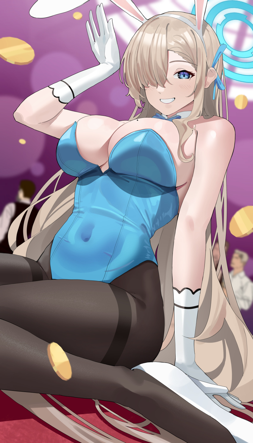 1girl absurdres animal_ears asuna_(blue_archive) asuna_(bunny)_(blue_archive) bare_arms bare_shoulders black_thighhighs blue_archive blue_eyes blue_leotard breasts cleavage coin commentary covered_navel fake_animal_ears gloves grin haerge high_heels highres large_breasts leotard light_brown_hair long_hair looking_at_viewer nontraditional_playboy_bunny official_alternate_costume playboy_bunny rabbit_ears revision sitting smile solo strapless strapless_leotard thighhighs thighs very_long_hair wariza white_footwear white_gloves