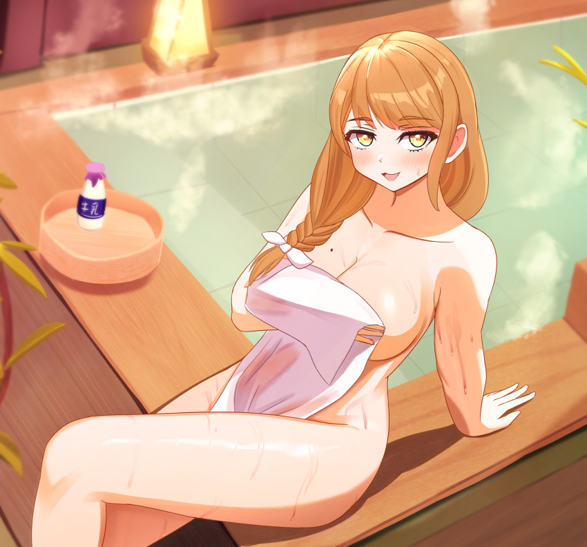 1girl bangs bare_shoulders blush braid breasts brown_hair cleavage collarbone fire_emblem fire_emblem_engage goldmary_(fire_emblem) highres kirby_lord large_breasts long_hair looking_at_viewer mole mole_on_breast naked_towel nude onsen open_mouth ribbon solo thighs towel wet yellow_eyes