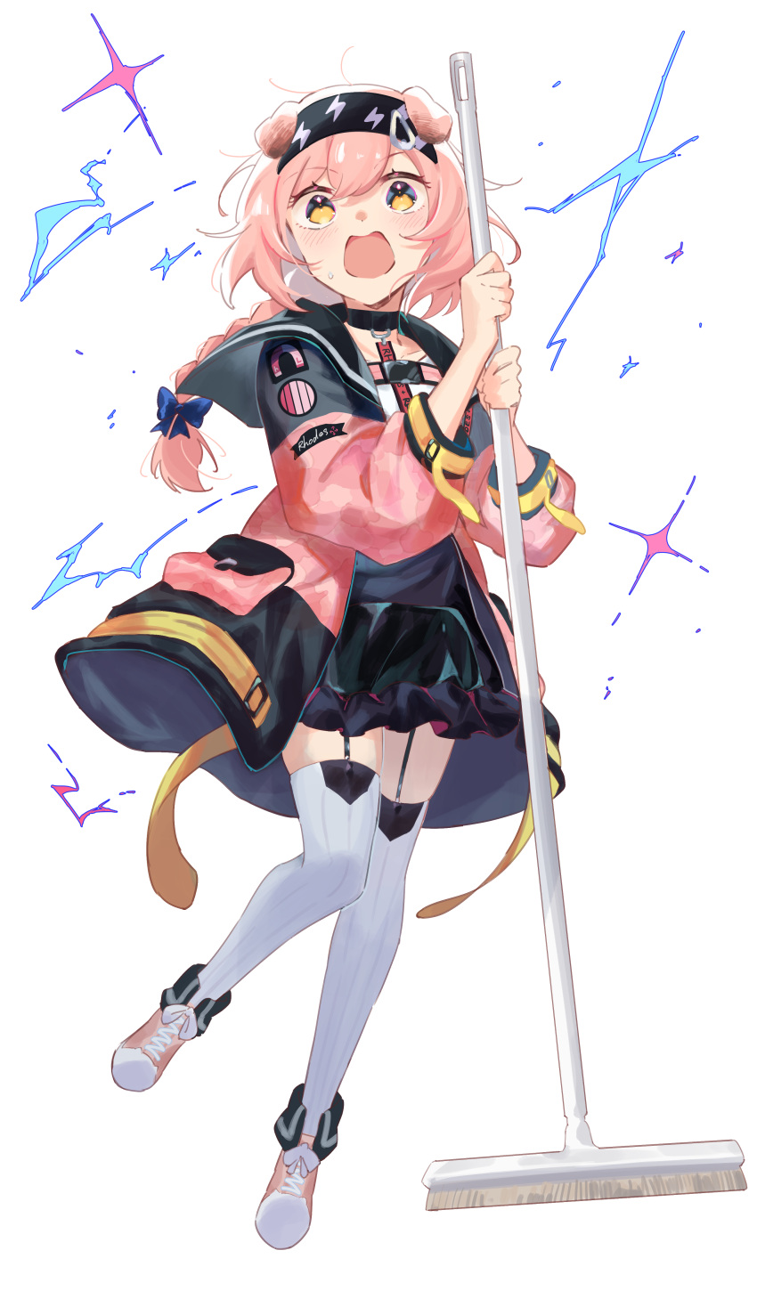 1girl absurdres animal_ears arknights black_hairband black_skirt blue_bow bow braid broom brown_footwear cat_ears commentary_request frilled_skirt frills full_body garter_straps goldenglow_(arknights) hair_between_eyes hair_bow hairband highres holding holding_broom jacket lightning_bolt_print long_hair long_sleeves open_clothes open_jacket open_mouth otinksan pink_hair pink_jacket print_hairband puffy_long_sleeves puffy_sleeves shirt shoes simple_background single_braid skirt solo thighhighs v-shaped_eyebrows white_background white_shirt white_thighhighs yellow_eyes