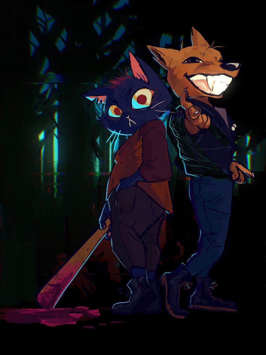 1boy 1girl animal_ears animal_nose baseball_bat black_pants blood blood_on_weapon cat_ears cat_girl closed_mouth commentary english_commentary fox_boy fox_ears full_body furry furry_female furry_male gregg_lee grin hand_in_pocket highres holding holding_baseball_bat long_sleeves looking_at_viewer mae_borowski night_in_the_woods notched_ear pants rat_riot red_eyes shirt shoes smile standing teeth tree weapon
