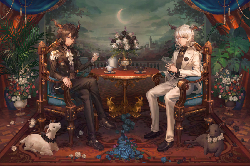 2boys animal_ears arknights ascot balcony black_flower black_footwear black_hair black_jacket black_pants black_rose black_shirt black_suit blue_flower blue_rose boutonniere brooch buttoned_cuffs carpet chair cloud collared_shirt crescent_moon crossed_legs cup curtains ebenholz_(arknights) epaulettes flower full_body goat goat_boy goat_ears goat_horns green_sky hair_between_eyes hebbtia highres holding holding_flower horns indoors interlocked_fingers jacket jewelry kreide_(arknights) lapels long_hair long_sleeves looking_at_viewer low_ponytail male_focus moon multiple_boys notched_lapels open_clothes open_jacket own_hands_together pants pendant pink_flower pink_rose plant purple_eyes red_flower red_rose rose saucer shirt shoes sitting smile suit table teacup teapot vase white_ascot white_flower white_jacket white_pants white_rose white_suit