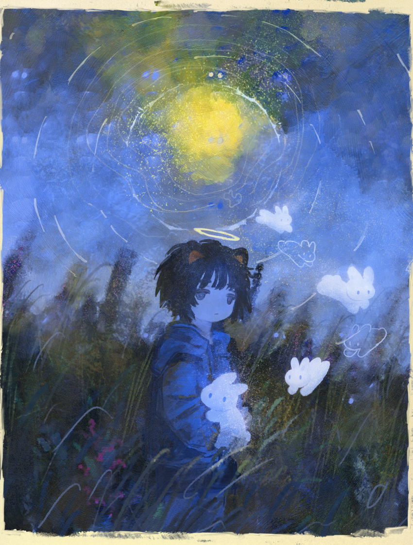 1girl :/ absurdres animal_ears animal_on_arm black_eyes black_hair blue_jacket blue_pants blue_sky border ciel_(paradis47) commentary cowboy_shot dated_commentary expressionless flower flying_animal full_moon grass half-closed_eyes halo highres jacket lavender_(flower) light_particles long_sleeves looking_at_viewer moon moon_rabbit night original outdoors pants purple_flower rabbit short_hair sky solo standing surreal tall_grass transparent_animal yellow_border