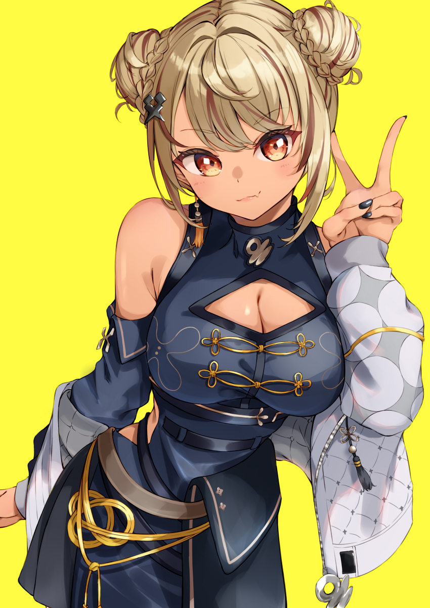 1girl absurdres bare_shoulders belt black_belt black_nails black_skirt blonde_hair blue_dress blue_sleeves braid braided_bun breasts cleavage clothing_cutout dark-skinned_female dark_skin detached_sleeves double_bun dress fang french_braid grey_belt gyaru hair_bun hair_ornament highres jacket kaminari_qpi kuwakuma large_breasts leaning_forward light_smile long_sleeves looking_at_viewer miniskirt off_shoulder orange_eyes pleated_skirt side_cutout simple_background skin_fang skirt solo suspenders swept_bangs v virtual_youtuber vspo! white_jacket x_hair_ornament yellow_background zipper zipper_pull_tab