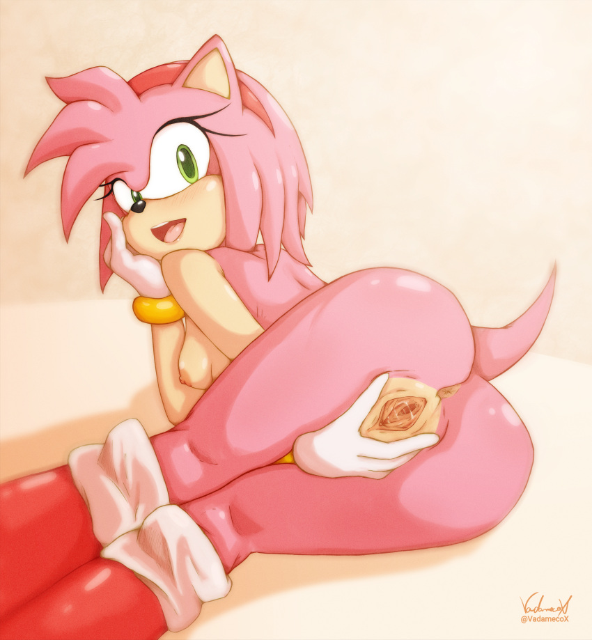 absurd_res accessory amy_rose anthro anus bodily_fluids clothing eulipotyphlan female footwear genital_fluids genitals gloves green_eyes handwear headband hedgehog hi_res mammal nude open_mouth pink_body pussy pussy_juice sega shoes smile solo sonic_the_hedgehog_(series) stretched_pussy vadamecox