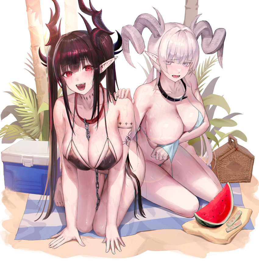 2girls absurdres aqua_bikini arm_tattoo basket bikini black_bikini black_collar black_hair black_horns blunt_bangs blush breasts chain_between_breasts cleavage collar commentary covering covering_breasts curled_horns dragon_girl dragon_horns food fruit grey_eyes grey_hair grey_horns highres horns kneeling large_breasts long_hair looking_at_viewer multiple_girls open_mouth original pointy_ears red_collar red_eyes red_hair sitting smile sweat swimsuit tattoo teeth tongue twintails watermelon yjs0803123