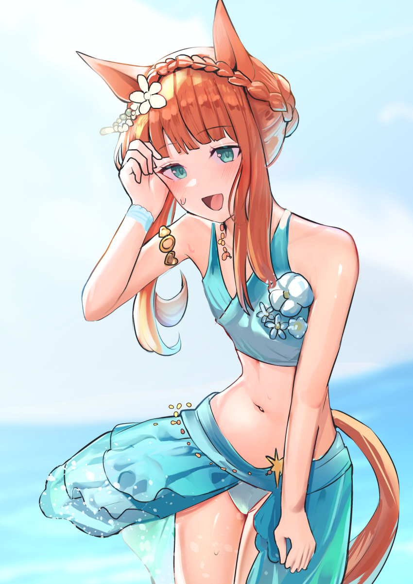 1girl animal_ears aqua_eyes armlet blue_sarong blue_sky blush braid cloud cloudy_sky commentary_request cowboy_shot crown_braid ear_flower ear_ornament flat_chest flower_on_chest gradient_bikini highres horse_ears horse_girl horse_tail looking_at_viewer medium_hair navel ocean official_alternate_costume open_mouth orange_hair outdoors sarong silence_suzuka_(emerald_on_the_waves)_(umamusume) silence_suzuka_(umamusume) sky smile solo solokitsune summer's_sunlight_fades_to_blue_(umamusume) tail umamusume wristband