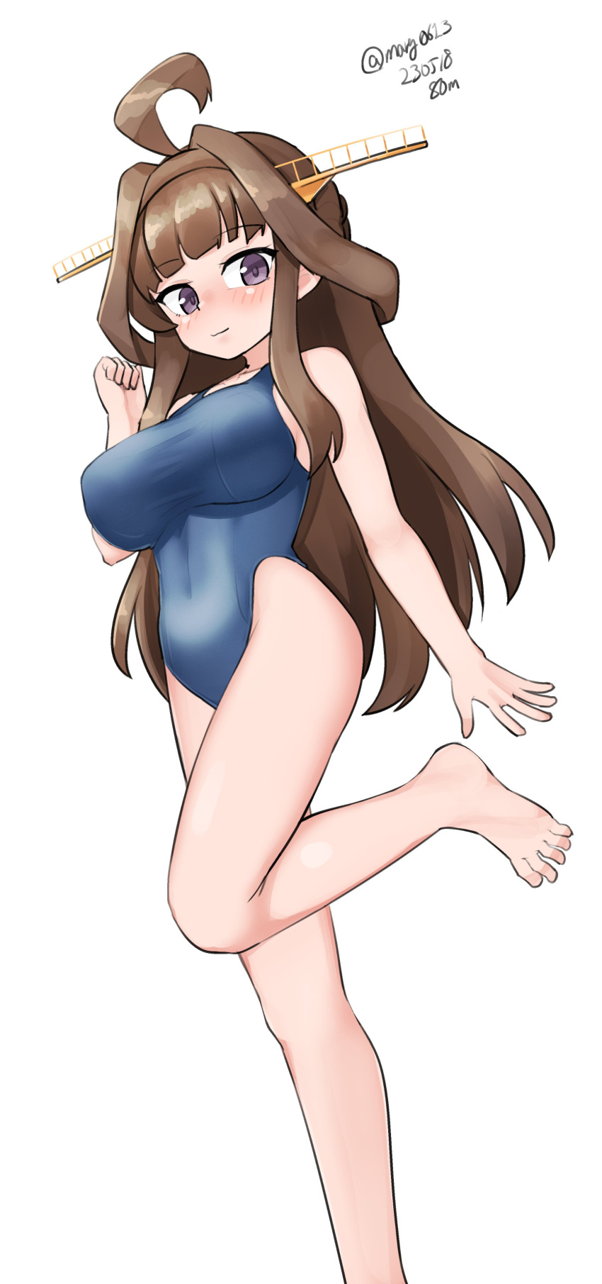 1girl absurdres ahoge alternate_costume blue_one-piece_swimsuit blush breasts brown_hair collarbone competition_school_swimsuit covered_navel double_bun hair_bun hairband headgear highres kantai_collection kongou_(kancolle) large_breasts long_hair looking_at_viewer maru_(marg0613) one-piece_swimsuit purple_eyes school_swimsuit simple_background smile solo standing standing_on_one_leg swimsuit white_background