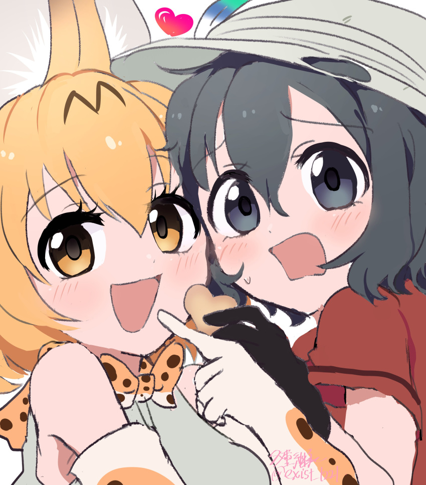 2girls absurdres animal_ears bare_shoulders black_gloves blue_eyes blush bow bowtie cat_ears cat_girl cheek-to-cheek elbow_gloves exist_sk1221 gloves heads_together heart heart-shaped_cookie highres kaban_(kemono_friends) kemono_friends multiple_girls open_mouth print_bow print_bowtie print_gloves serval_(kemono_friends) serval_print shirt short_sleeves sleeveless smile t-shirt white_shirt yellow_eyes