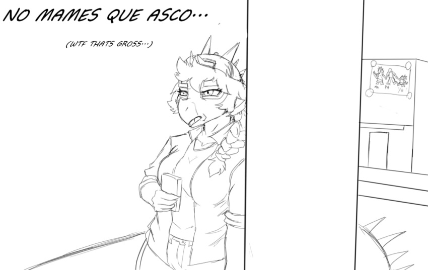 anthro aquilops breasts cellphone ceratopsian clothed clothing dinosaur drawing english_text female hair maria_(snoot_game) monochrome ornithischian phone reptile scalie simple_background sketch smartphone snoot_game solo spanish_text tail text translated unknown_artist