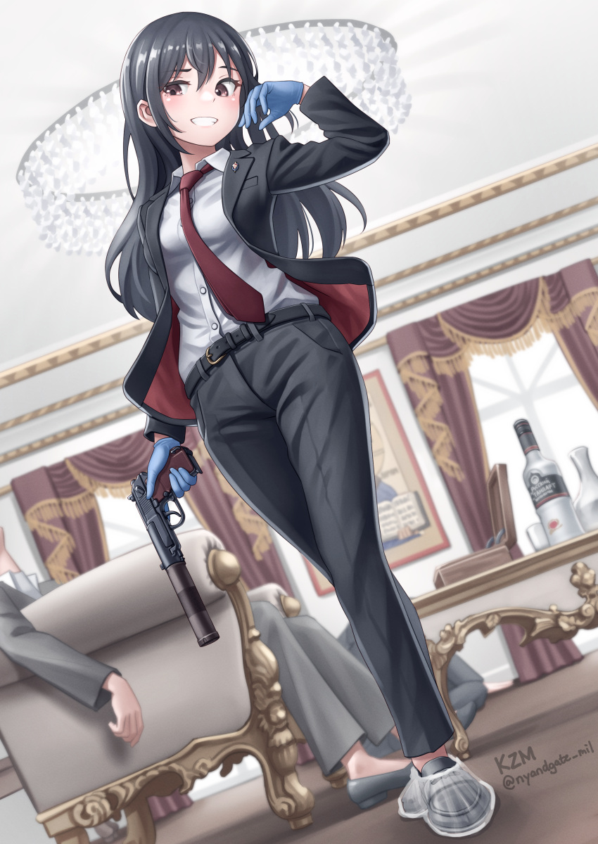 1girl 2boys absurdres alcohol black_hair black_jacket black_pants blue_gloves brown_eyes chandelier death formal gloves gun handgun highres jacket kzm_(sub-moa_works) multiple_boys necktie original pants pb_pistol red_necktie rubber_gloves shirt smile vodka weapon white_shirt