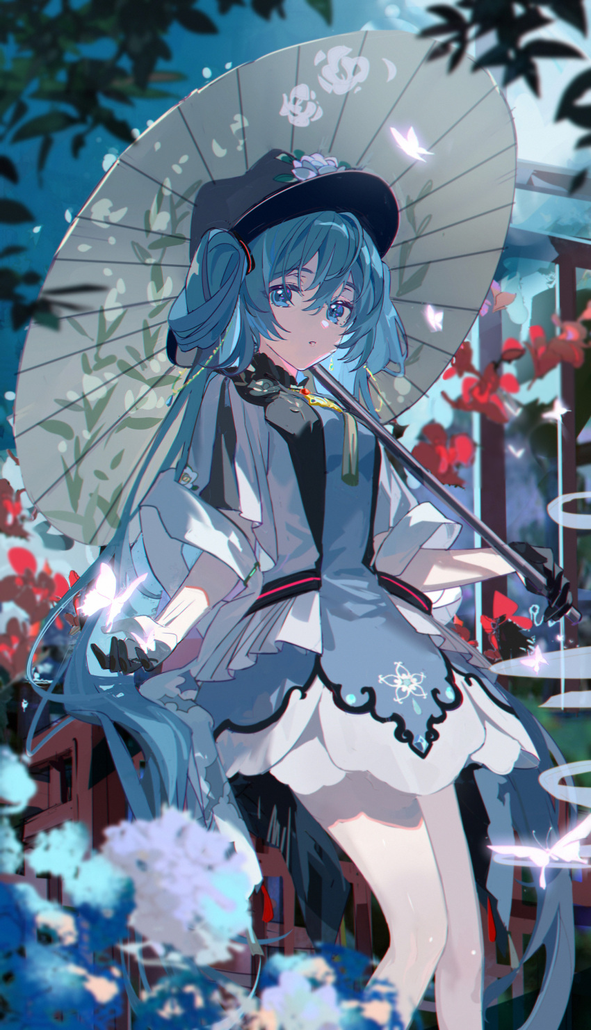 1girl absurdly_long_hair absurdres aqua_dress aqua_eyes aqua_hair black_gloves black_headwear bug butterfly chinese_clothes chinese_commentary commentary_request cupping_hand dress flower gloves hair_between_eyes hair_rings hair_spread_out half_gloves hat hat_flower hatsune_miku highres hitokoto holding holding_umbrella jasmine_(flower) knees_together_feet_apart leaf long_hair looking_at_viewer miku_with_you_(vocaloid) official_alternate_costume oil-paper_umbrella outdoors parted_lips solo twintails umbrella very_long_hair vocaloid