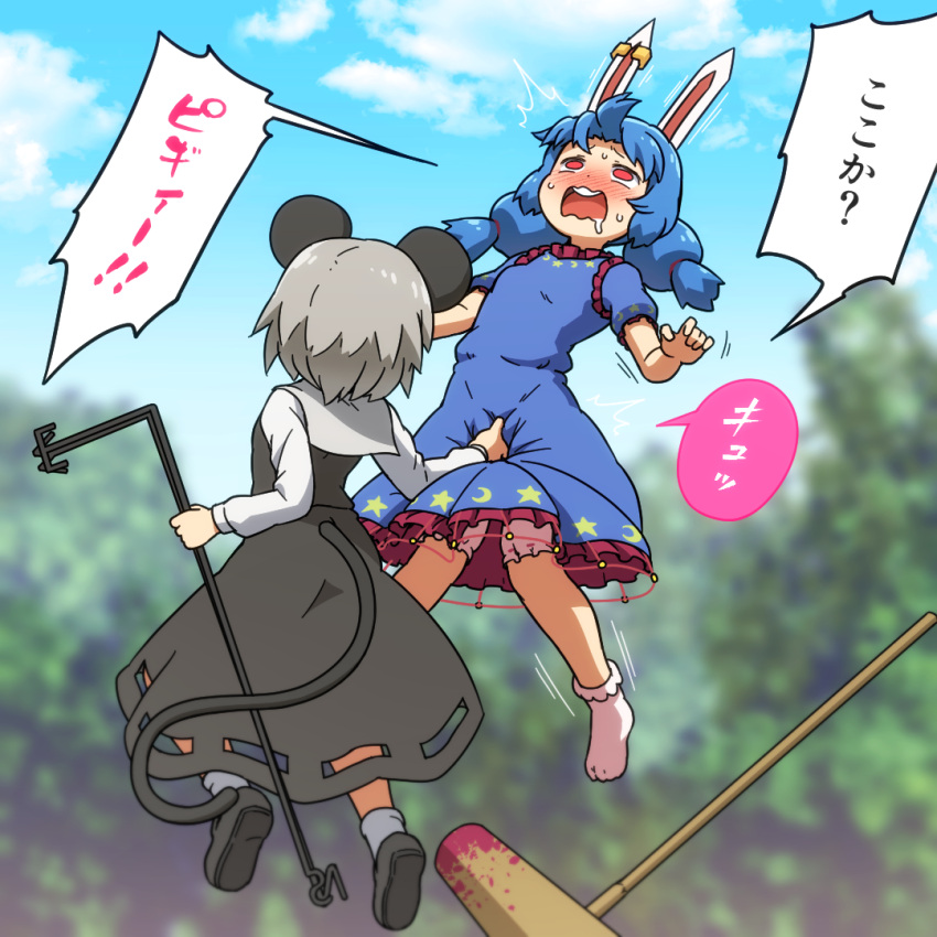 2girls ambiguous_red_liquid animal_ears black_dress black_footwear bloomers blue_dress blue_hair blurry blurry_background blush commentary_request crescent_print dowsing_rod dress drooling earclip grey_hair kine long_hair long_sleeves mallet mouse_ears mouse_tail multiple_girls nazrin open_mouth outdoors rabbit_ears red_eyes seiran_(touhou) shirosato shoes short_hair short_sleeves socks speech_bubble star_(symbol) star_print tail touhou translation_request underwear unfinished_dream_of_all_living_ghost white_bloomers white_socks