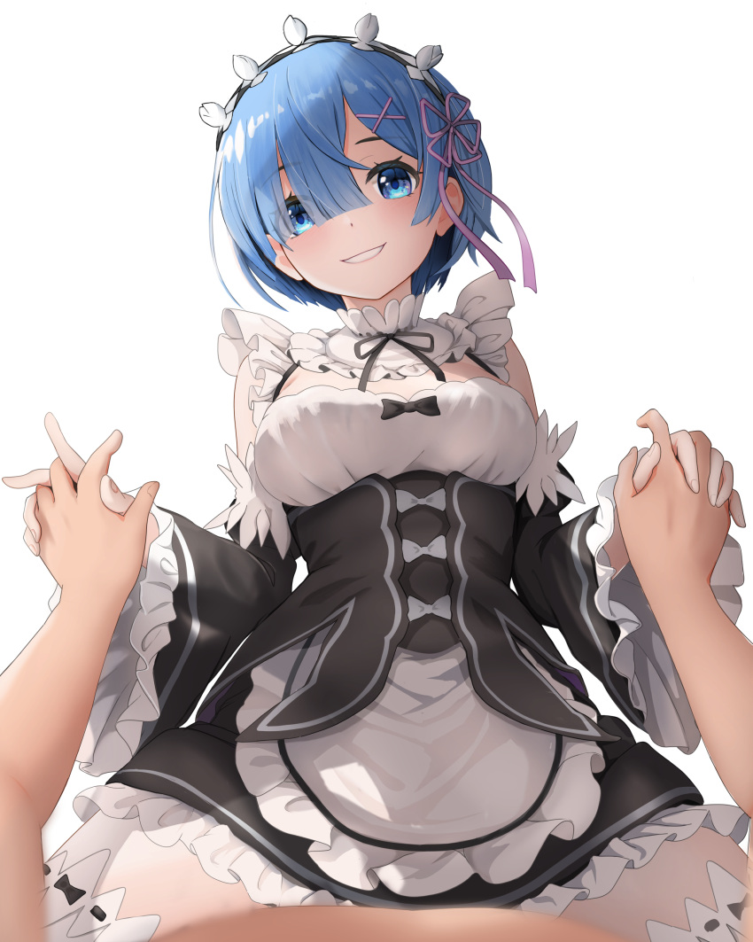 1girl 1other :d absurdres bare_shoulders black_dress black_hairband blue_eyes blue_hair blunt_bangs blurry blush breasts collar commentary_request commission depth_of_field detached_collar detached_sleeves dress eyelashes eyes_visible_through_hair frilled_collar frilled_dress frilled_sleeves frills from_below gibun_(sozoshu) grin hair_ornament hair_over_one_eye hair_ribbon hairband head_tilt highres holding_hands interlocked_fingers long_sleeves looking_at_viewer maid medium_breasts neck_ribbon pov purple_ribbon re:zero_kara_hajimeru_isekai_seikatsu red_ribbon rem_(re:zero) ribbon roswaal_mansion_maid_uniform short_dress short_hair simple_background skeb_commission smile solo_focus straddling straight-on thighhighs white_background white_collar white_thighhighs wide_sleeves x_hair_ornament zettai_ryouiki