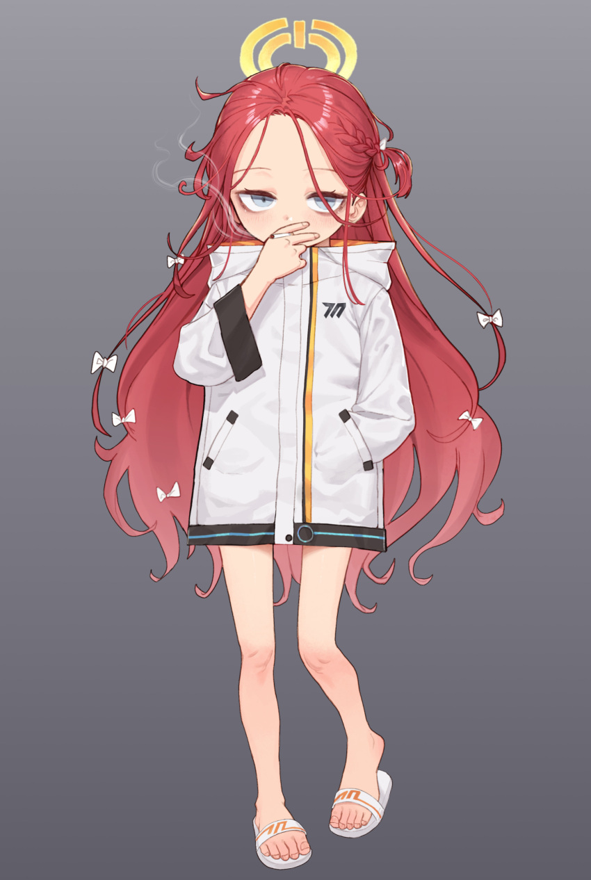 1girl blue_archive blue_eyes blush cigarette coat feet full_body grey_background halo hand_in_pocket highres holding holding_cigarette legs long_hair looking_at_viewer red_hair sandals simple_background slippers smoke smoking solo standing suitshark toenails toes very_long_hair white_coat yuzu_(blue_archive)