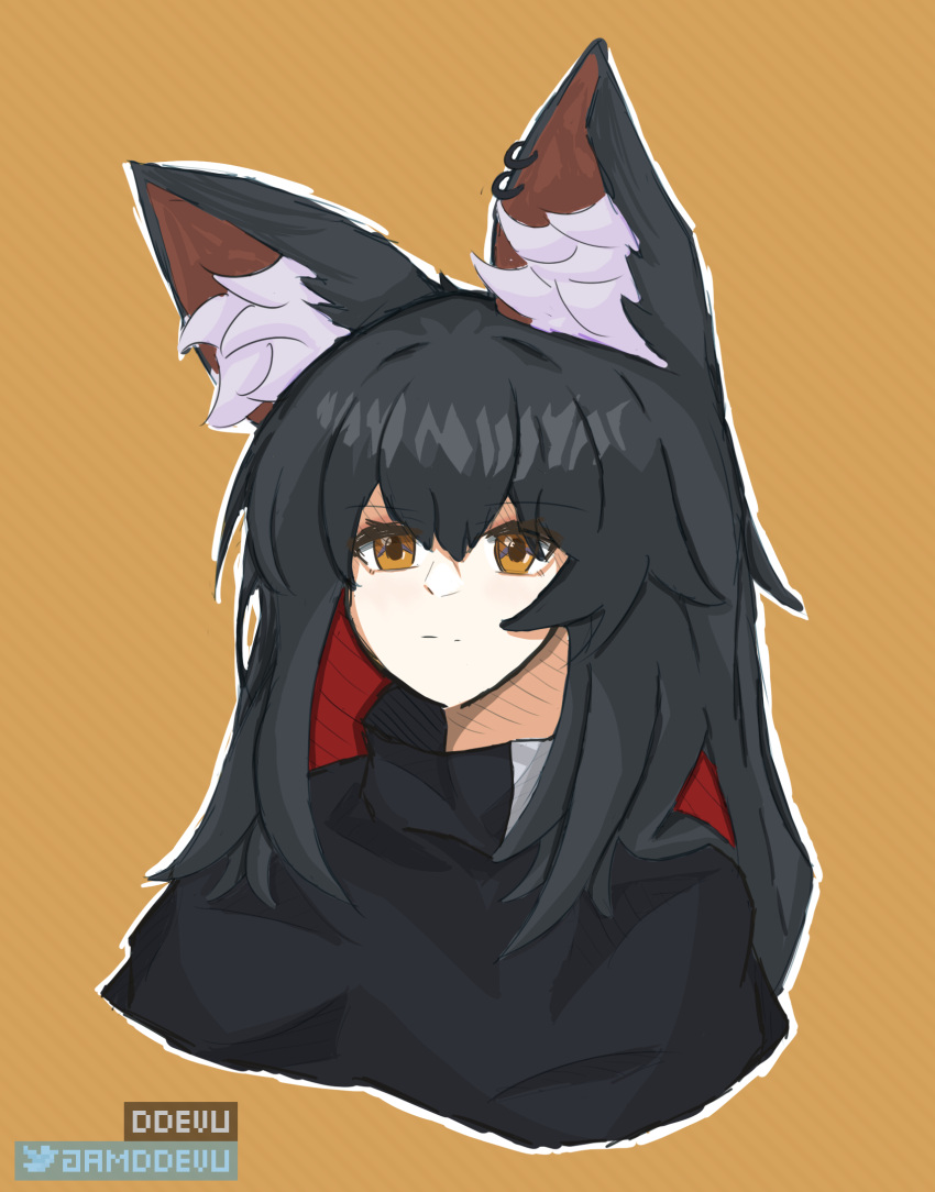 1girl alternate_ear_size animal_ear_fluff animal_ears arknights artist_name black_hair black_jacket colored_inner_hair ddevu ear_piercing highres jacket large_ears long_hair multicolored_hair orange_background piercing portrait red_hair simple_background solo texas_(arknights) twitter_username wolf_ears wolf_girl yellow_eyes