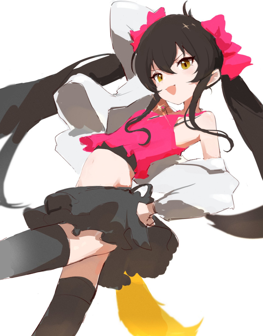 1girl bare_shoulders black_hair black_skirt black_thighhighs bow brown_eyes camisole crop_top doryaa_who hair_between_eyes hair_bow heart heart_necklace highres idolmaster idolmaster_cinderella_girls jacket jewelry long_hair looking_at_viewer matoba_risa navel necklace off_shoulder open_clothes open_jacket open_mouth pink_camisole simple_background sketch skirt smile solo thighhighs twintails very_long_hair white_background zettai_ryouiki