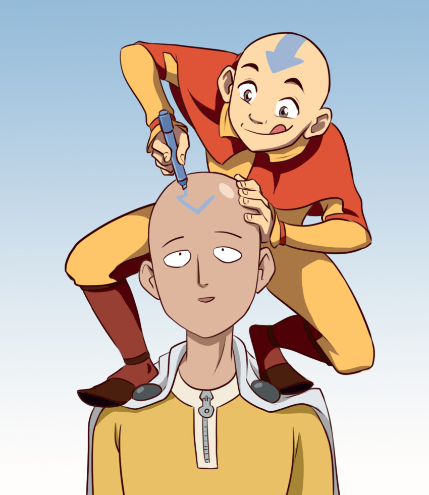 2boys :p aang avatar:_the_last_airbender avatar_legends bald bodysuit cape closed_mouth commentary crossover english_commentary hairstyle_connection hand_on_another's_head highres jumpsuit multiple_boys one-punch_man open_mouth pen red_cape saitama_(one-punch_man) smile tanya_buka tattoo tongue tongue_out white_cape yellow_bodysuit yellow_jumpsuit