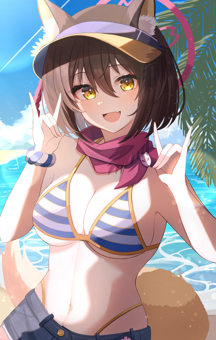 1girl :d absurdres animal_ear_fluff animal_ears bangs beach bikini blue_archive breasts brown_hair cleavage cloud cloudy_sky coconut_tree cowboy_shot day double_fox_shadow_puppet eyelashes fang fox_ears fox_girl fox_shadow_puppet fox_tail halo hanma_(user_emma7355) highres izuna_(blue_archive) izuna_(swimsuit)_(blue_archive) large_breasts light_blush light_rays looking_at_viewer medium_hair navel open_mouth outdoors palm_tree red_scarf scarf shadow short_shorts shorts skin_fang sky smile solo striped striped_bikini sunlight swimsuit tail tree visor_cap yellow_eyes