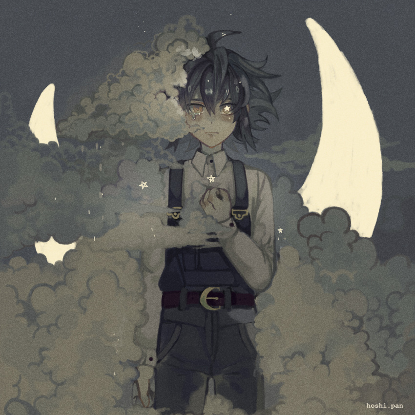 1boy ahoge artist_name belt black_belt blue_background blue_hair blue_overalls buttons chin clenched_hand closed_mouth cloud cloudy_sky collared_shirt commentary crescent_belt_buckle crying crying_with_eyes_open english_commentary frown hand_on_own_chest hoshi-pan light_blush long_sleeves male_focus messy_hair original overalls rain shirt short_hair sky solo star_(symbol) star_in_eye straight-on symbol_in_eye teardrop tears white_shirt yellow_eyes