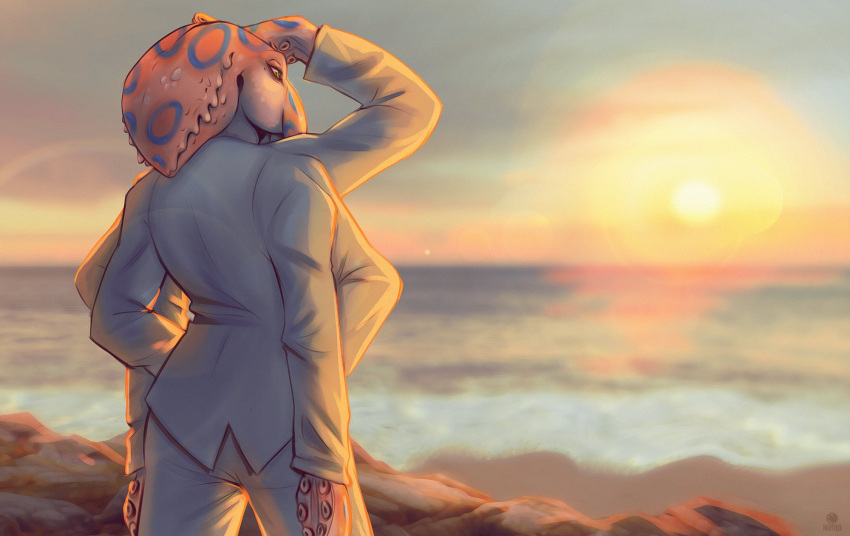 anthro beach blue-ringed_octopus cephalopod clothed clothing coleoid detailed_background digital_media_(artwork) elicor fully_clothed hi_res male marine mirtilo mollusk mult multi_arm multi_limb octopodiform octopus outside sand sea seaside solo suit sunset tentacle_arms tentacle_limbs tentacles water watermark