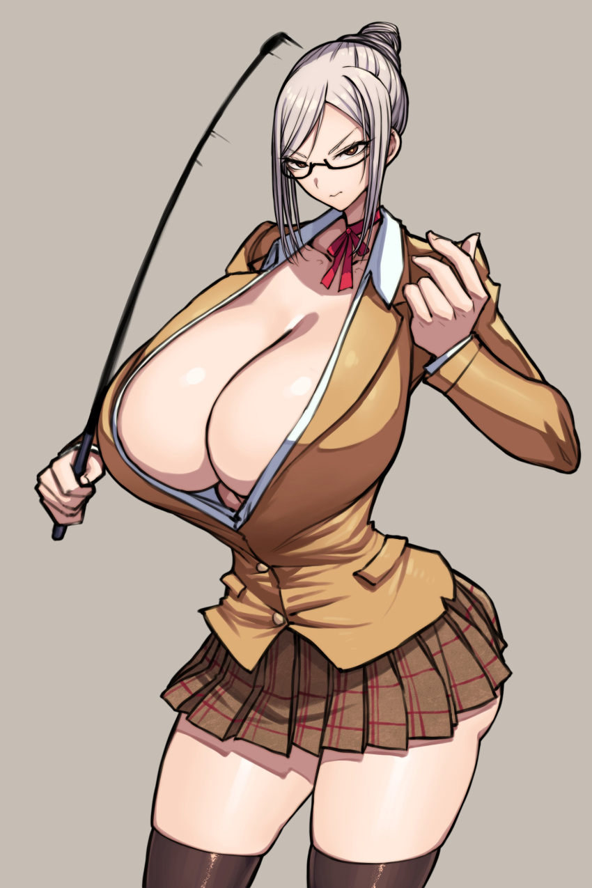 1girl absurdres breasts center_opening glasses hair_bun highres huge_breasts looking_at_viewer miniskirt neck_ribbon prison_school ribbon riding_crop school_uniform shiraki_meiko single_hair_bun skirt standing thighhighs whip white_hair wolffeld_price