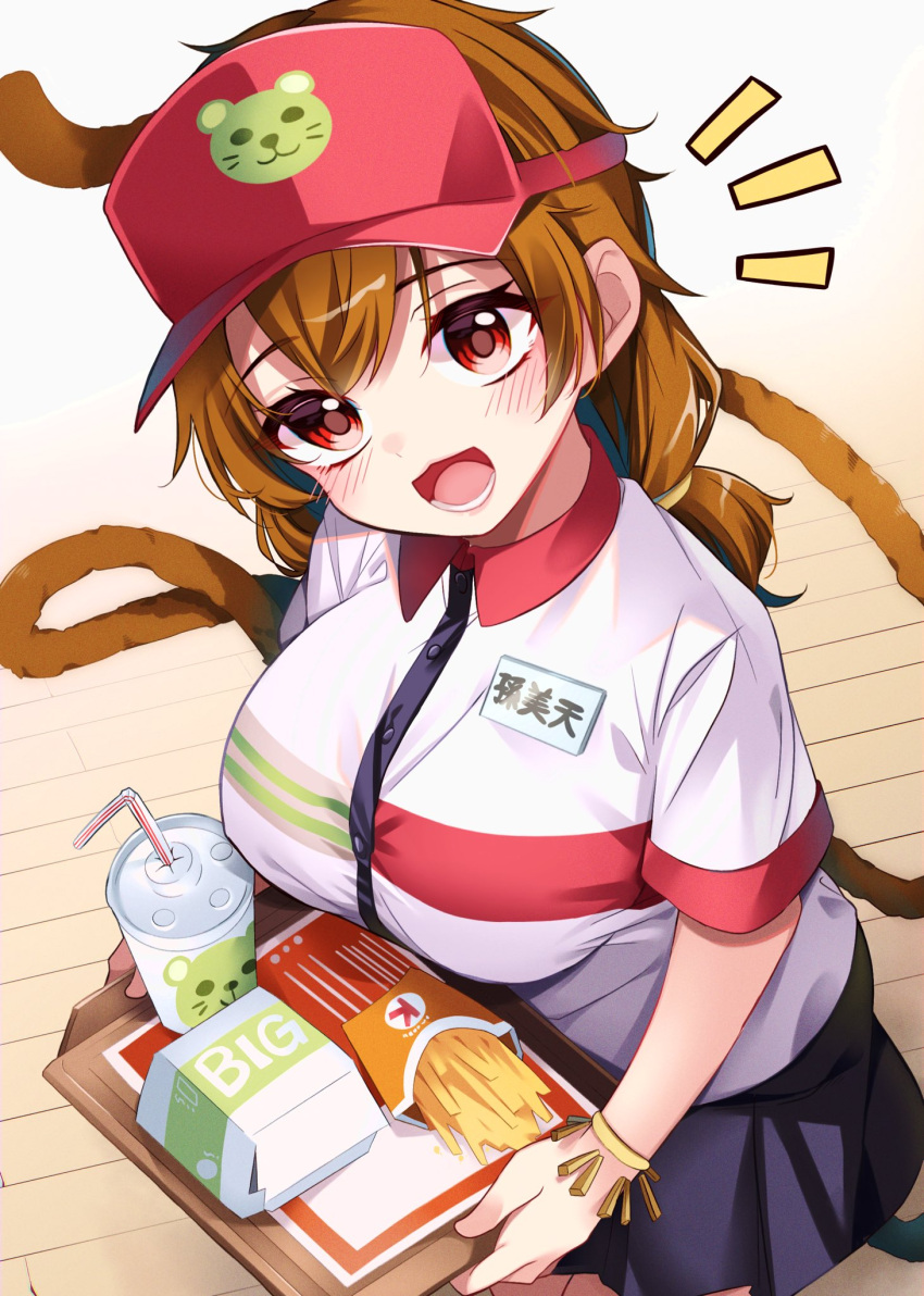 1girl black_skirt breasts brown_hair circlet employee_uniform fast_food food from_above highres holding holding_plate looking_at_viewer low_twintails meimei_(meimei89008309) miniskirt monkey_tail open_mouth plate red_eyes shirt short_sleeves skirt smile solo son_biten tail touhou twintails uniform white_shirt