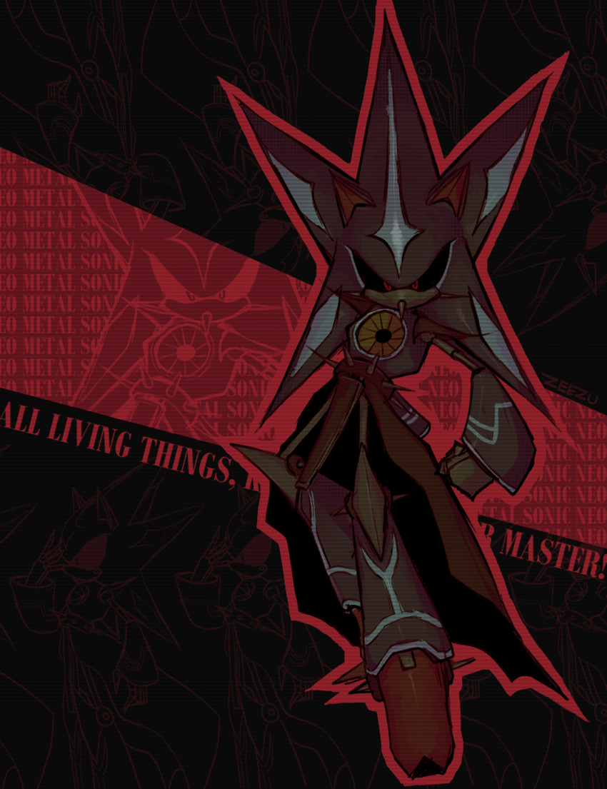 1boy animal_ears black_background character_name clip_studio_paint_(medium) commentary english_commentary english_text full_body highres looking_at_viewer male_focus metal_sonic neo_metal_sonic outline red_eyes red_outline robot scanlines simple_background solo sonic_(series) standing zeezu-ix