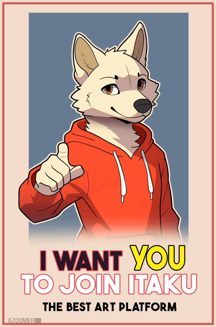 anthro azoomer border bottomless canid canine canis clothed clothing digital_media_(artwork) english_text fur gesture hi_res itaku looking_at_viewer male mammal meme orange_border pointing pointing_at_viewer poster propaganda_poster red_clothing red_sweater red_topwear simple_background solo sweater sweater_only text topwear topwear_only white_body white_fur wolf