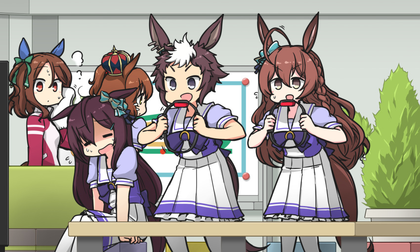 5girls :d =_= ahoge animal_ears aston_machan_(umamusume) bow bowtie brown_eyes brown_hair controller crown ear_bow ear_covers game_controller green_bow grey_eyes hair_between_eyes hair_bow hamu_koutarou highres holding holding_controller holding_game_controller horse_ears horse_girl horse_tail horseshoe_ornament jacket king_halo_(umamusume) long_hair mejiro_bright_(umamusume) mejiro_dober_(umamusume) mejiro_ryan_(umamusume) mini_crown multicolored_hair multiple_girls puffy_short_sleeves puffy_sleeves purple_bow purple_bowtie purple_serafuku purple_shirt red_jacket red_track_suit sailor_collar sailor_shirt school_uniform serafuku shaded_face shirt short_hair short_sleeves smile striped striped_bow tail thighhighs tracen_school_uniform tracen_training_uniform track_jacket two-tone_hair umamusume wavy_hair white_bow white_hair white_thighhighs white_towel