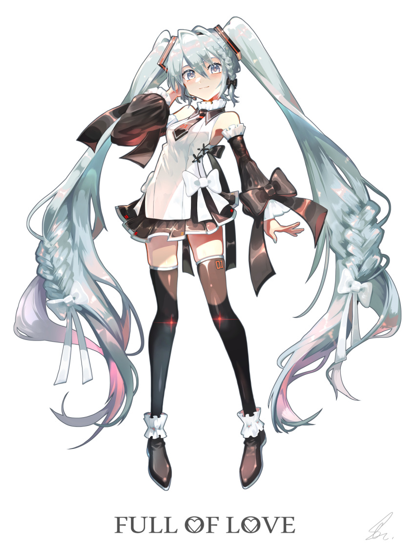 1girl adapted_costume aqua_eyes aqua_hair aqua_nails bare_shoulders black_bow black_footwear black_necktie black_skirt black_sleeves boots bow braid breasts closed_mouth commentary_request detached_sleeves english_text frilled_sleeves frills full_body hair_between_eyes hair_bow hair_ornament hand_up hatsune_miku high_collar highres long_hair looking_at_viewer medium_breasts necktie pleated_skirt saihate_(d3) shiny_clothes shirt signature skindentation skirt solo standing thigh_boots twintails very_long_hair vocaloid white_background white_bow white_shirt zettai_ryouiki