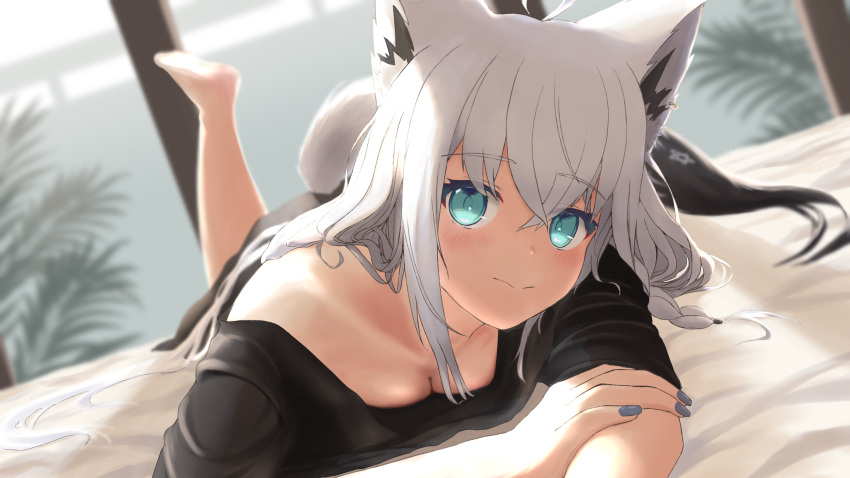 1girl ahoge animal_ear_fluff animal_ears bed black_shirt blue_nails blurry blurry_background blush braid breasts cleavage commentary_request earrings fox_ears fox_girl fox_tail green_eyes hair_between_eyes highres hololive jewelry long_hair looking_at_viewer lying official_alternate_costume on_stomach pentagram shirakami_fubuki shirakami_fubuki_(7th_costume) shirata98 shirt sidelocks single_braid small_breasts smile solo tail virtual_youtuber white_hair