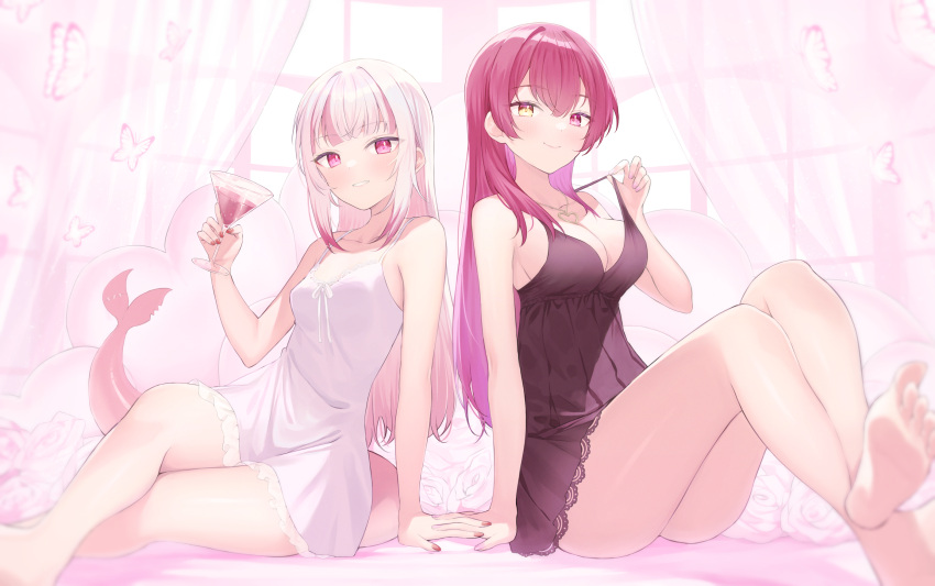 2girls barefoot black_nightgown blunt_bangs blush breasts cleavage fins fish_tail gawr_gura gold_necklace heart heart_necklace heterochromia highres hololive hololive_english houshou_marine jewelry large_breasts long_hair looking_at_viewer multicolored_hair multiple_girls nail_polish necklace nightgown red_eyes red_hair red_nails reflect_(gawr_gura) shark_girl shark_tail sidelocks small_breasts smile streaked_hair tail takumi11 virtual_youtuber white_hair white_nightgown yellow_eyes