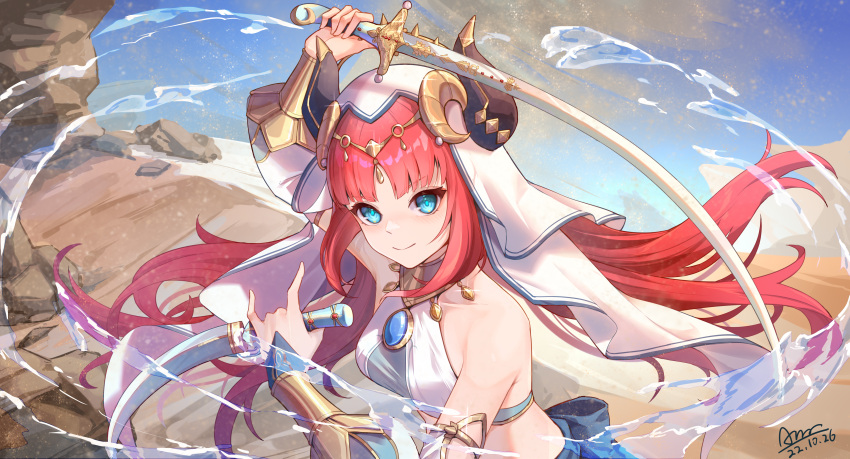 1girl absurdres aqua_eyes arm_up bare_shoulders blue_gemstone blue_sky blunt_bangs blush bracer brooch chiyo_akira circlet collarbone dagger dated dessert detached_sleeves dual_wielding fake_horns food gem genshin_impact gold_trim hand_up harem_outfit highres holding horns jewelry knife long_hair long_sleeves looking_at_viewer midriff neck_ring nilou_(genshin_impact) outdoors parted_bangs puffy_long_sleeves puffy_sleeves red_hair sidelocks signature sky smile solo stomach sword upper_body veil water weapon white_headdress white_veil
