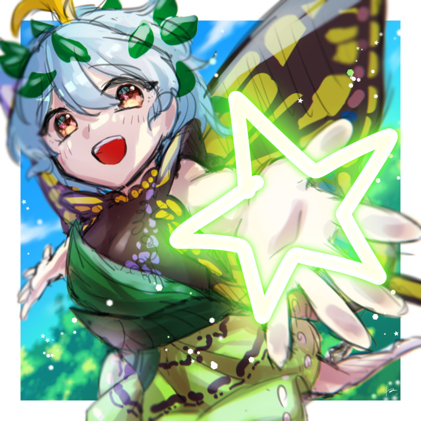 1girl antennae aqua_hair blush butterfly_wings dress eternity_larva fairy green_dress hair_between_eyes highres komori_(komo_ricecake) leaf leaf_on_head multicolored_clothes multicolored_dress open_mouth orange_eyes short_hair short_sleeves smile solo star_(symbol) touhou wings