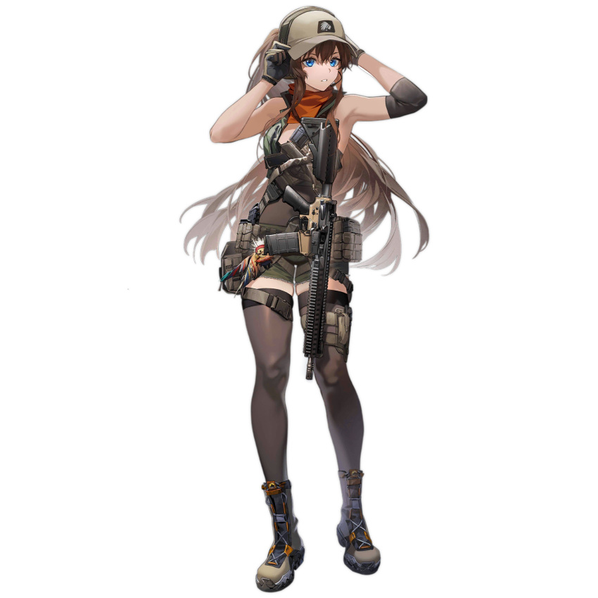 1girl alpha_transparency ascot assault_rifle baseball_cap belt_pouch blue_eyes boots brown_hair cm901_(girls'_frontline) colt_cm901 full_body girls'_frontline gloves gun hat headset highres long_hair orange_ascot parted_lips pouch rff_(3_percent) rifle short_shorts shorts simple_background sleeveless solo standing thighhighs third-party_source transparent_background very_long_hair weapon