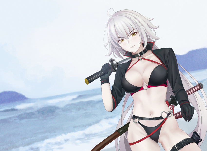 1girl absurdres ahoge bikini black_bikini black_jacket breasts cleavage cropped_jacket fate/grand_order fate_(series) gloves highres jacket jeanne_d'arc_alter_(fate) jeanne_d'arc_alter_(swimsuit_berserker)_(fate) katana large_breasts long_hair long_sleeves looking_at_viewer navel quatthro shrug_(clothing) smile solo swimsuit sword thighs weapon yellow_eyes